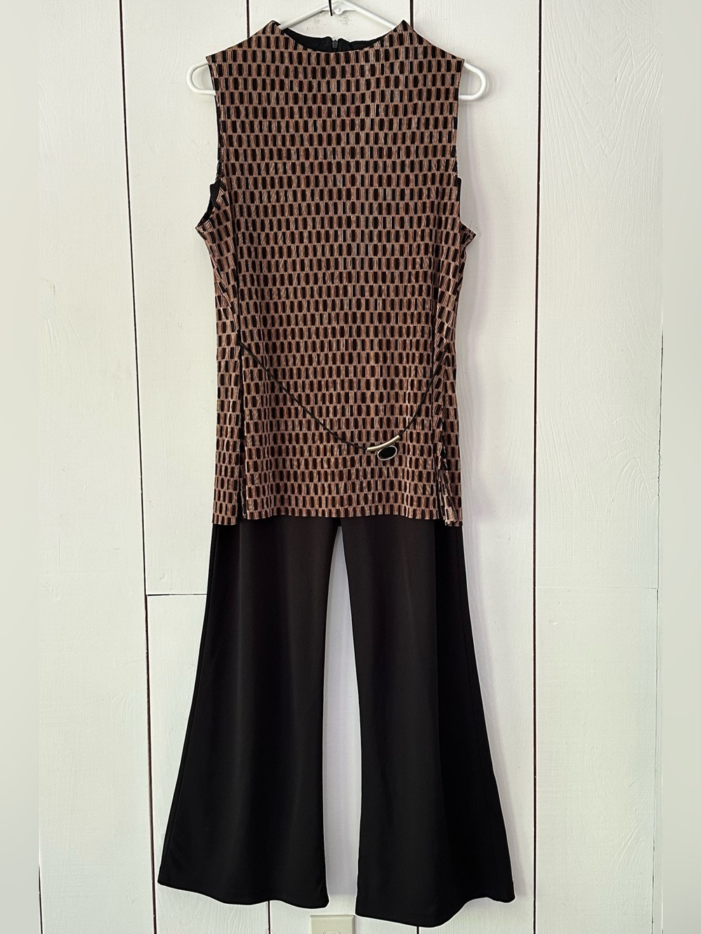 90s Connected Apparel Top and Pants Set Sz S-M Black Brown Plisse Top Flare Pant
